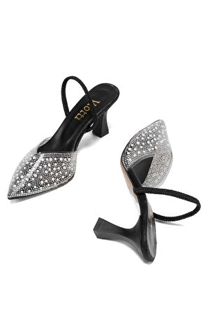 V-1005 Siyah Günlük Arkası Açık Taşlı Topuklu Kadın Ayakkabı