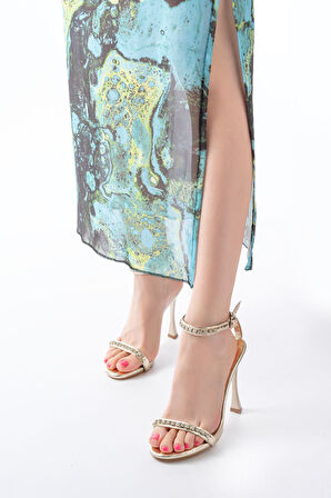 A-30 Gold Taş Aksesuarlı Platformlu Topuklu Kadın Terlik