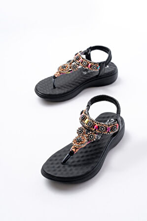 DM-609 Siyah Taşlı Arka Lastikli Parmak Arası Kadın Sandalet 