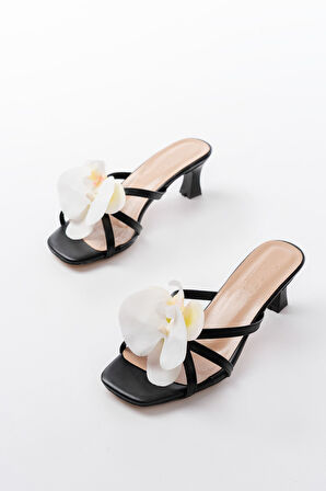 S-622 Siyah Orkide Detaylı İnce Topuklu Kadın Terlik