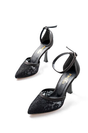 K-404 Siyah Fileli Çiçek Detaylı  Kadın Topuklu Ayakkabı   