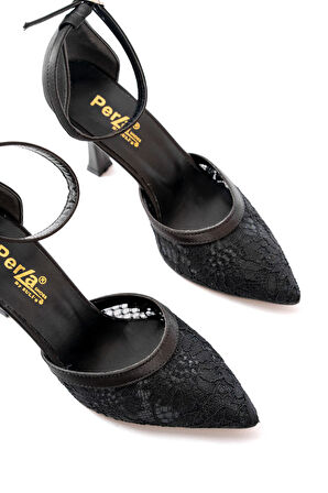 K-404 Siyah Fileli Çiçek Detaylı  Kadın Topuklu Ayakkabı   