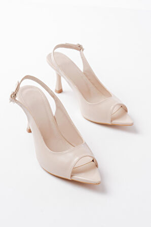 717 Bej Rugan Sivri Burunlu Topuklu Kadın Sandalet