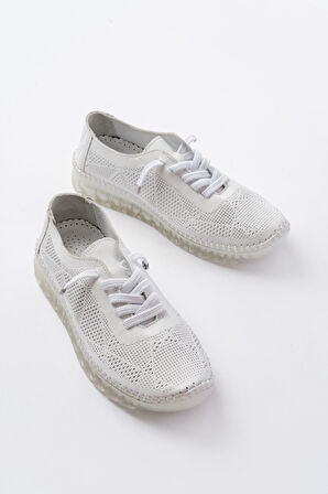 S-365  Beyaz Desenli Hakiki Deri Şeffaf Taban Kadın Spor Ayakkabı 