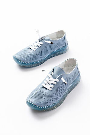 S-365  Mavi Desenli Hakiki Deri Şeffaf Taban Kadın Spor Ayakkabı