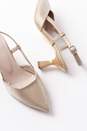 725 Gold Pul Desenli Sivri Burunlu  Topuklu Kadın Ayakkabı