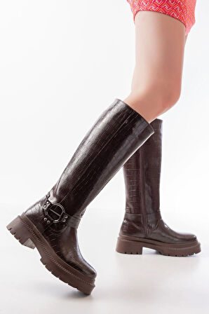 Kahverengi Kroko Fermuarlı Günlük Kadın Çizme236-3021Kadın çizme