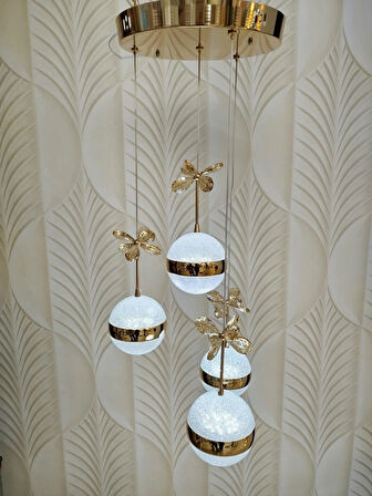 Şık Tarz Modern LED Avize Gold Ledli Salon Avizesi Kelebek Taşlı