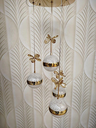 Şık Tarz Modern LED Avize Gold Ledli Salon Avizesi Kelebek Taşlı