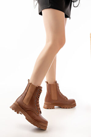 2051-298 Taba Düz Topuklu Bağcıklı Lastikli Günlük Kadın Bot