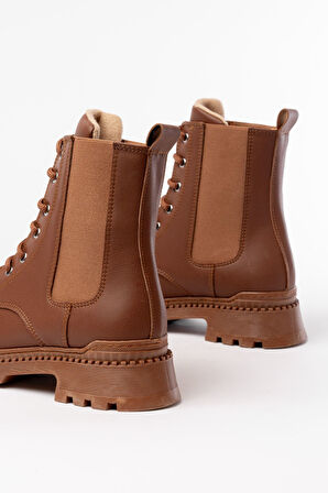 2051-298 Taba Düz Topuklu Bağcıklı Lastikli Günlük Kadın Bot