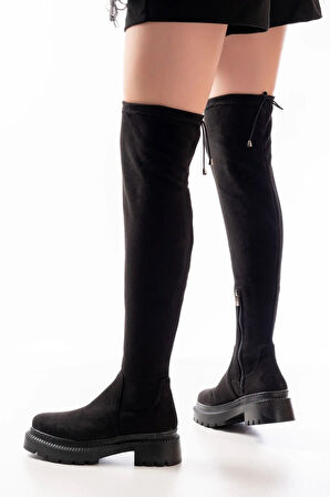 Siyah Süet Streç Diz Üstü Fermuarlı Günlük Kadın Çizme236-2194Kadın çizme