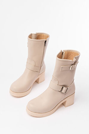 5109-3043 Bej Toka Aksesuarlı Fermuarlı Kalın Topuklu Günlük Kadın Bot