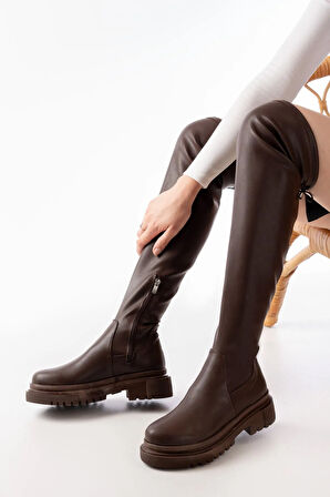 Kahverengi Fermuarlı Diz Üstü Bağcıklı Çorap Günlük Kadın812-219Kadın çizme