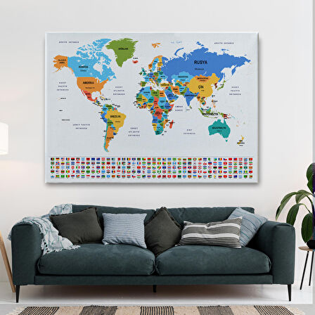 Harita Sepeti Türkçe Dünya Haritası Kanvas Tablo Ülke Bayraklı ve Dekoratif 2412