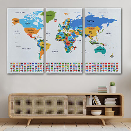 Harita Sepeti Türkçe Dünya Haritası Kanvas Tablo Ülke Bayraklı ve Dekoratif 2412