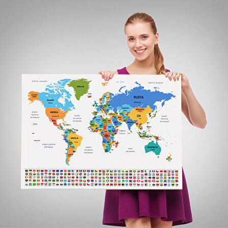 Harita Sepeti Türkçe Dünya Haritası Kanvas Tablo Ülke Bayraklı ve Dekoratif 2412