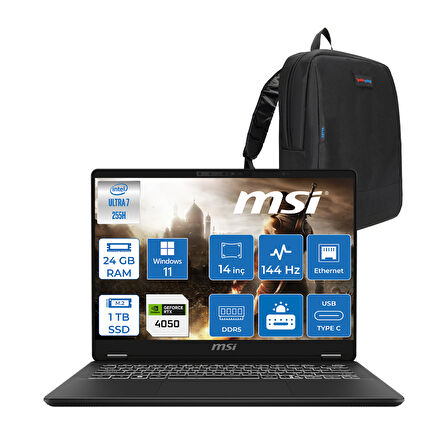 Msı Prestıgepro 14 Aı WC2HVEG Intel Core Ultra 7-255H Aı 24GB Ddr5 1tb SSD RTX4050/6GB 14" Full Hd+ 144Hz Ips-Level WIN11PRO Gaming Laptop Z076TRP03+ZETTAÇANTA