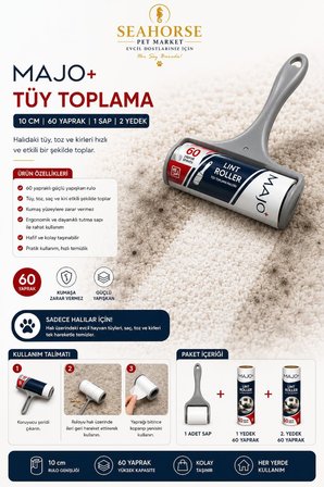 MAJO Tüy Toplama Rulosu Seti Yatay (1 Sap + 2 Yedek Rulo) 10 cm – 180 Yaprak