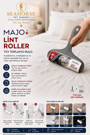 MAJO Lint Roller Tüy Toplayıcı Rulo Seti (1 Sap + 3 Yedek Rulo) – Toplam 240 Yaprak