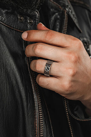 Erkek Gümüş Yüzük - Kral Zincirli Zirkon Taşlı Zülfikar Kılıcı İşlemeli Erkek Yüzük