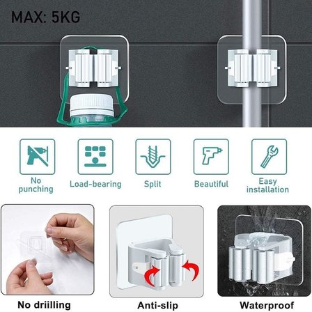 4 Adet Süpürge Mop Tutucu Duvar Kendinden Yapışkanlı Duvar Delme Gerektirmez (Gri)