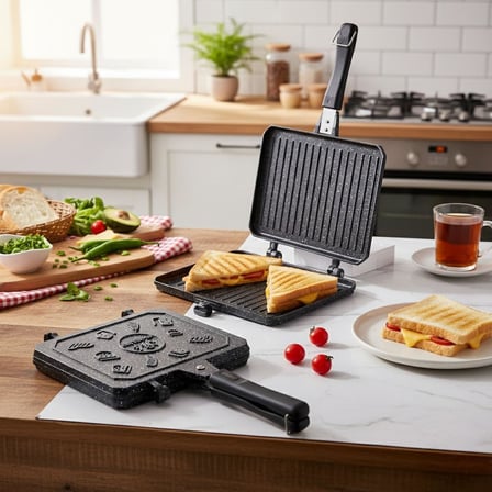 Çift Taraflı Ocak Üstü Döküm Tost Makinesi, Granit Efektli Yanmaz Yapışmaz Sandviç ve Tost Tavası - Hamburger, Omlet ve Aperatifler İçin İdeal | Ergonomik Saplı Kolay Temizlenebilir Grill Tava