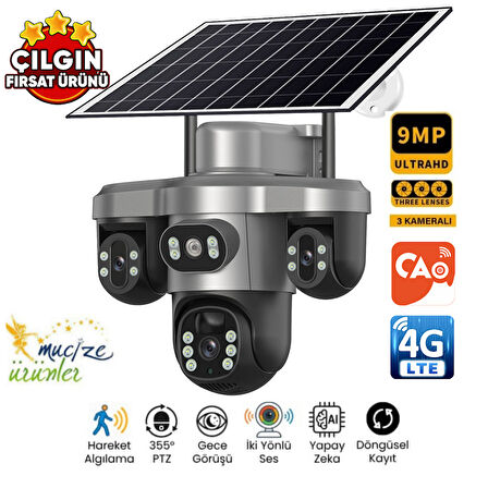 Casacop Q8 (3MP+3MP+3MP) 9MP 4G Sim Kartlı Solar Panelli 3 Lens Alert PTZ