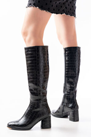 RS-2432 Siyah Kroko Topuklu Fermuarlı Günlük Kadın Çizme 