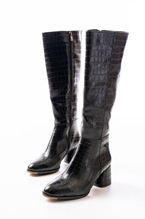 RS-2432 Siyah Kroko Topuklu Fermuarlı Günlük Kadın Çizme 