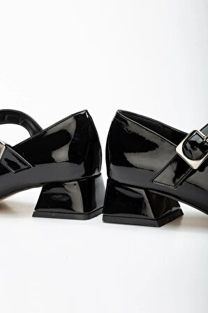 ST-006 Siyah Rugan Günlük 4 cm Topuklu  Ayakkabı