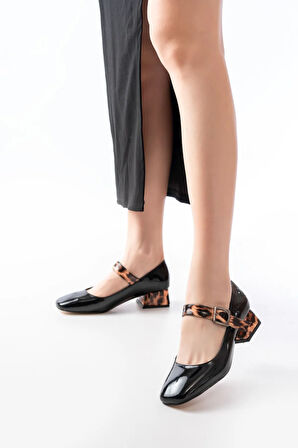 ST-006 Siyah Leopar Rugan Günlük 4 cm Topuklu  Ayakkabı