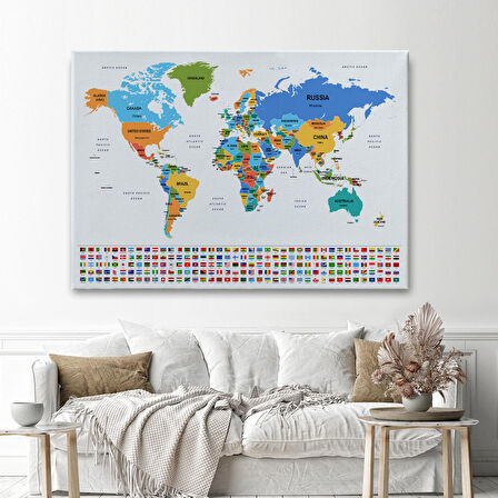 Harita Sepeti Dünya Haritası Ülke Bayraklı ve Dekoratif Kanvas Tablo 2413