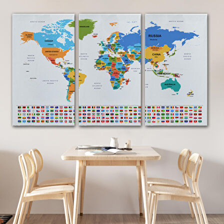 Harita Sepeti Dünya Haritası Ülke Bayraklı ve Dekoratif Kanvas Tablo 2413