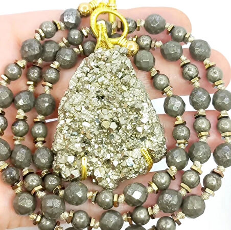 2413 Pirit Hematit düğümlü el yapımı kolye