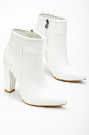 Byan BotVRT-4801 Beyaz Yüksek Kalın Topuklu Fermuarlı Kadın Bot