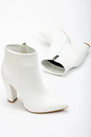 Byan BotVRT-4801 Beyaz Yüksek Kalın Topuklu Fermuarlı Kadın Bot