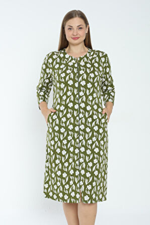 Kadın Yeşil Desenli Truvakar Kollu Büyük Beden Pamuklu Fermuarlı Elbise