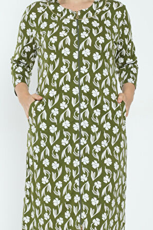 Kadın Yeşil Desenli Truvakar Kollu Büyük Beden Pamuklu Fermuarlı Elbise