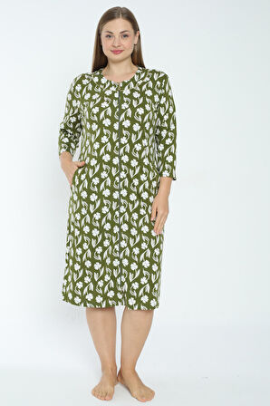 Kadın Yeşil Desenli Truvakar Kollu Büyük Beden Pamuklu Fermuarlı Elbise