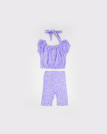 Çocuk Kız Çiçekli Şort ve Bluz Takımı