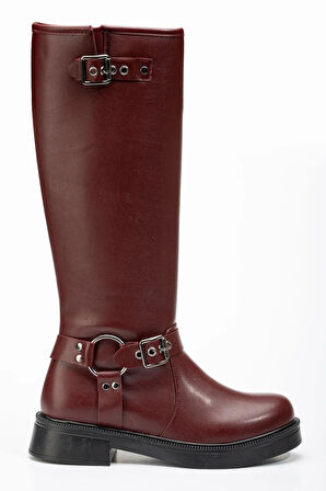 Kadın Çizme02-312 Bordo Toka Aksesuarlı Fermuarlı Günlük Kadın Çizme