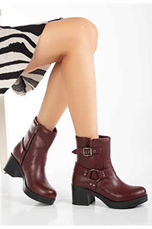 Byan Bot5109-3042 Bordo Toka Aksesuarlı Fermuarlı Kalın Topuklu Günlük Kadın Bot