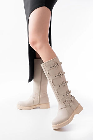 Kadın Çizme02-346 Bej Düz Topuklu Günlük  Binici Çizme 