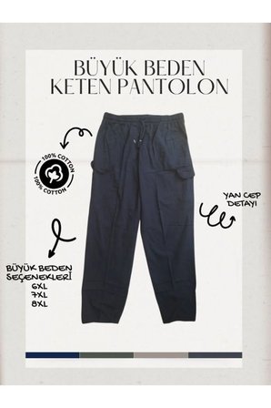 %100 Keten Süper Battal Pantolon 6XL-7XL-8XL | Bel Lastikli, Yandan Cepli Rahat Kesim