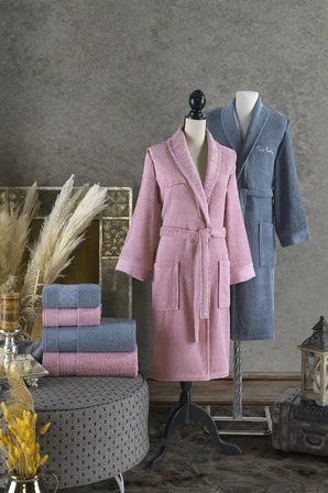 PİERRE CARDİN AİLE BORNOZ SETİ PEMBE-MAVİ