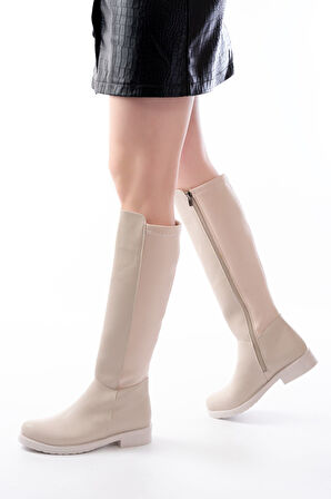 165-305 Bej Arka Streç Fermuarlı Günlük Kadın Çizme