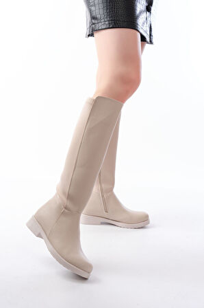 165-305 Bej Arka Streç Fermuarlı Günlük Kadın Çizme