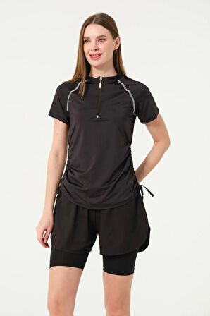 Tesmay 24156  Kısa Kol Yarım Fermuarlı Hızlı Kuruyan Kumaş Şortlu Taytlı Yarı Kapalı Mayo