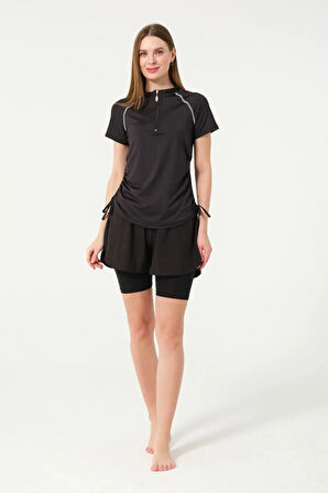 Tesmay 24156  Kısa Kol Yarım Fermuarlı Hızlı Kuruyan Kumaş Şortlu Taytlı Yarı Kapalı Mayo